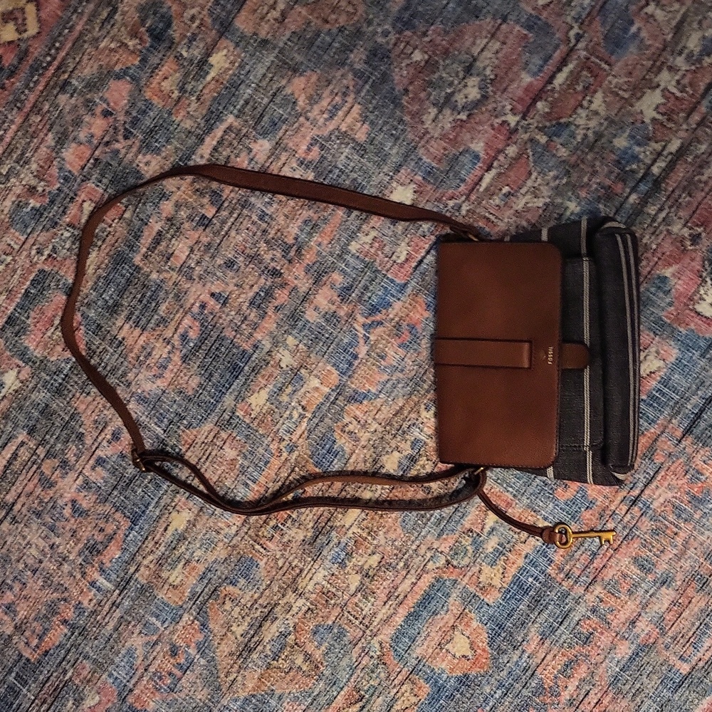 Fossil Purse- Brown leather w/ navy blue & small white striped canvas